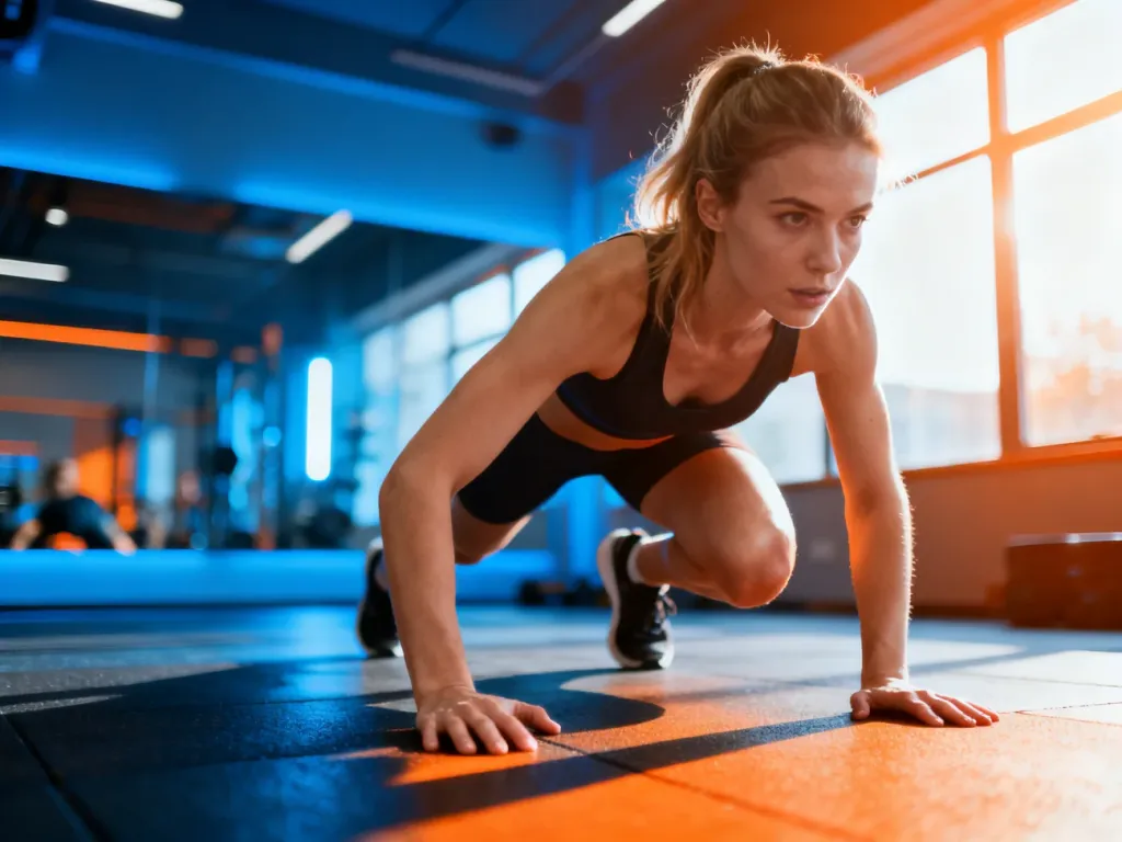 Wysportowana kobieta wykonuje dynamiczne ćwiczenie mountain climbers na sali fitness, prezentując trening cardio.