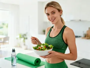 Kobieta intensywnie ćwicząca na rowerze stacjonarnym w nowoczesnym studiu fitness z klimatycznym oświetleniem.