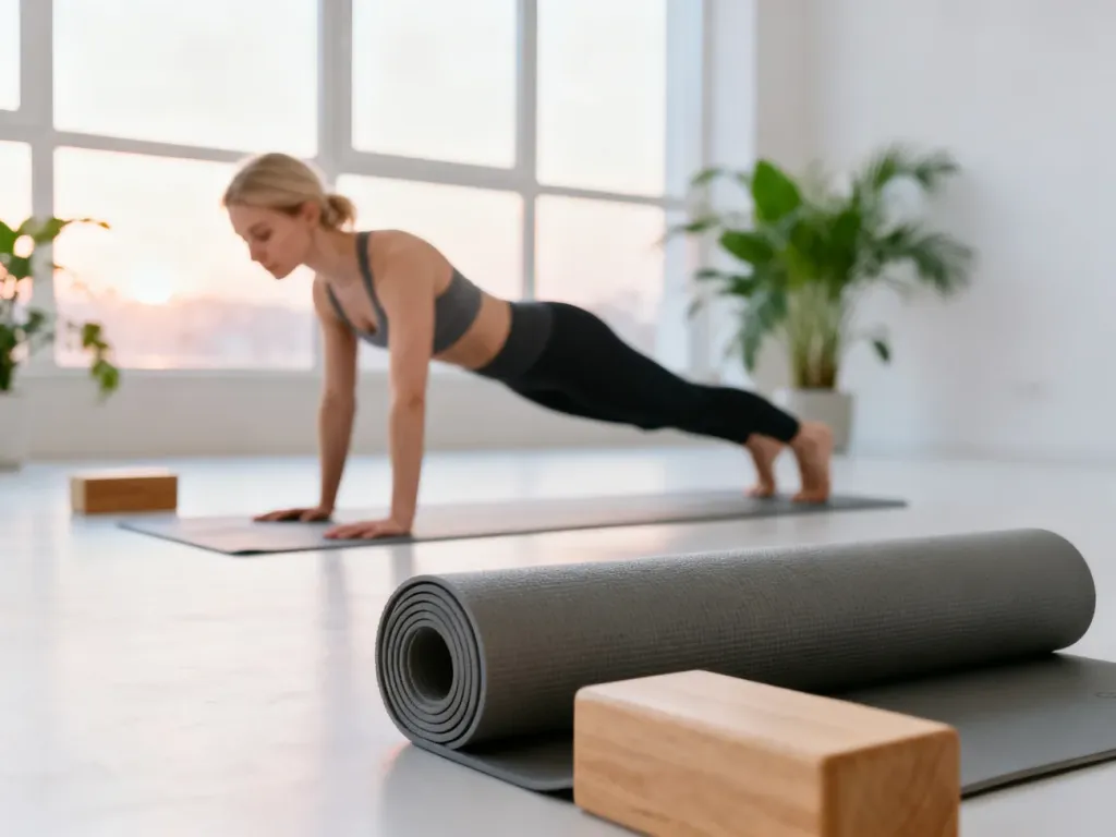 Kobieta wykonuje ćwiczenia pilates na macie w jasnym, minimalistycznym studiu, dbając o prawidłową technikę ruchu.