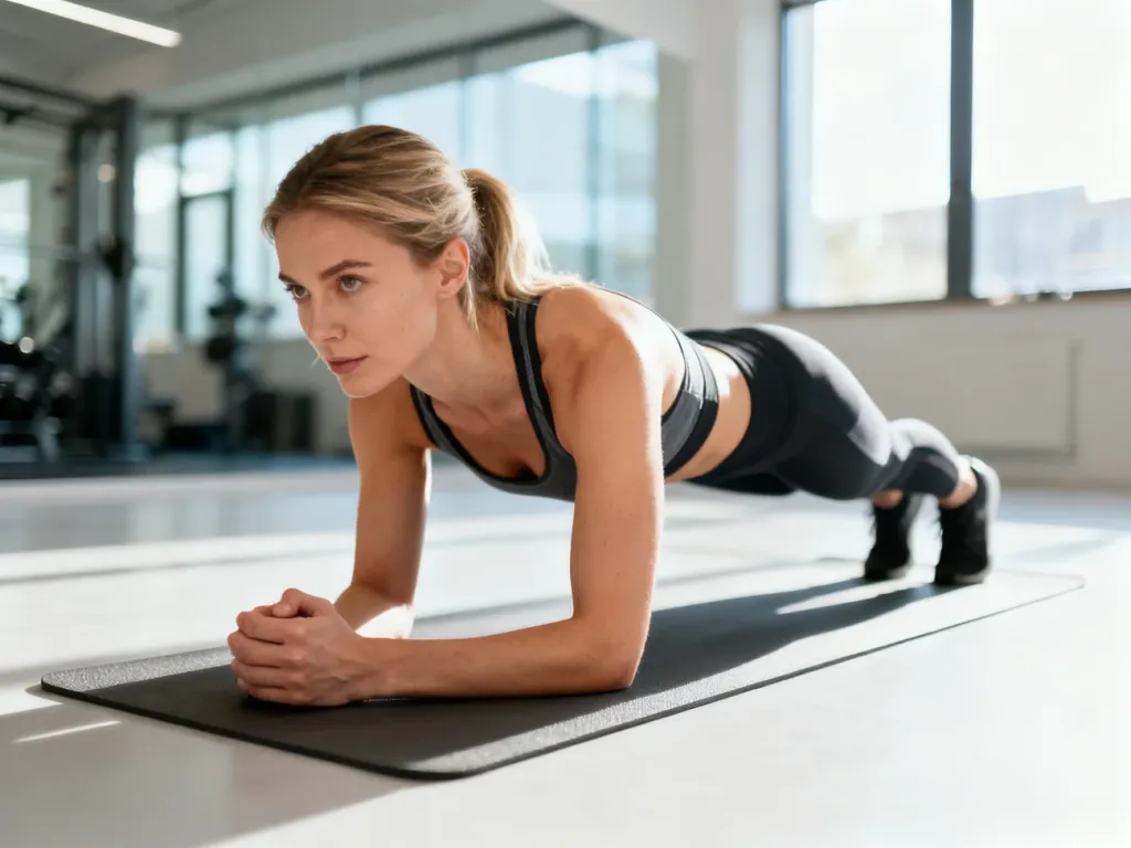 Kobieta w stroju sportowym wykonuje prawidłową deskę na macie w jasnym studio fitness.